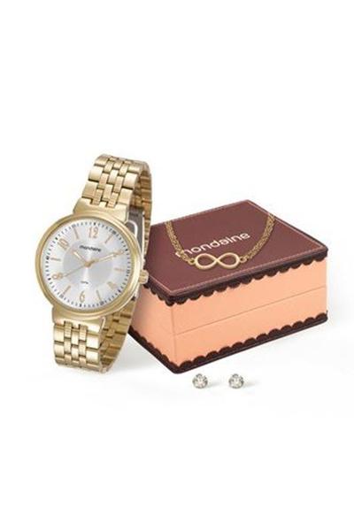 Relógio Mondaine Feminino Dourado Kit Semijóia 94972lpmvde1k2