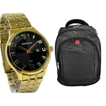 Relógio Mondaine Masculino Dourado Original + Mochila Cinza