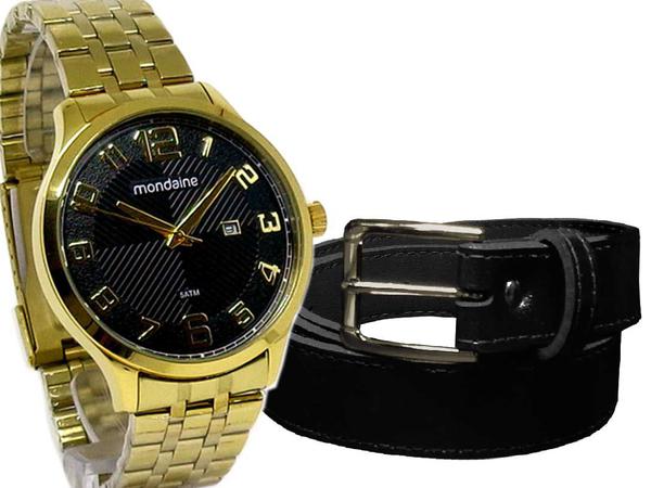 Relógio Mondaine Masculino Fundo Preto Pulseira de Aço Dourado + Cinto Social Preto