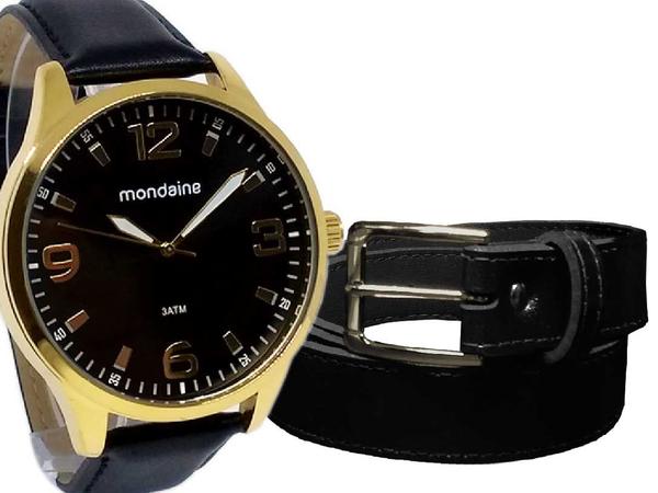 Relógio Mondaine Masculino Pulseira de Couro Preta + Cinto Social Preto