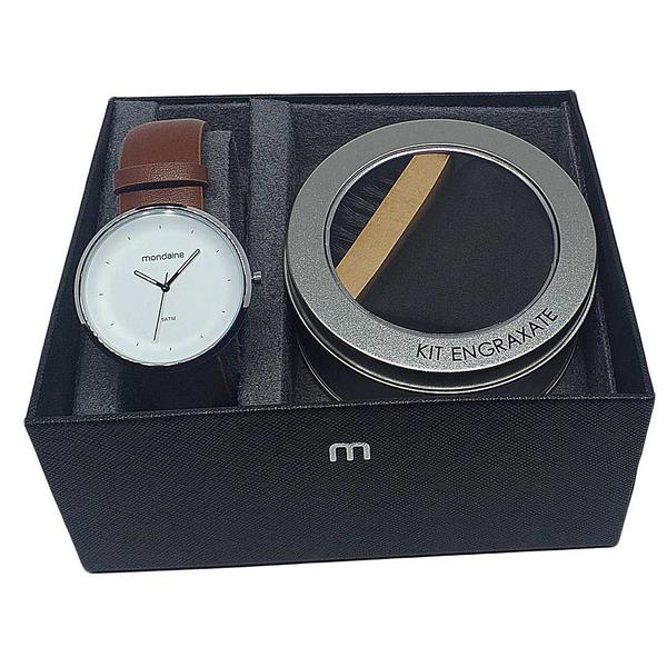 Relógio Mondaine Masculino Social Slim Minimalista Fundo Branco + Kit Engraxate