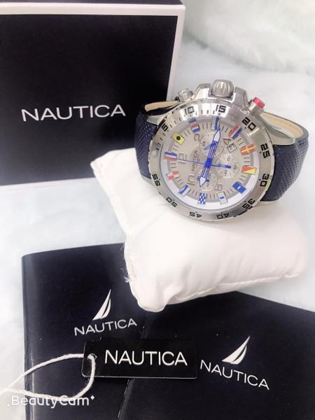 Relógio Nautica Mens N14555G Prata Pulseira Azul Couro