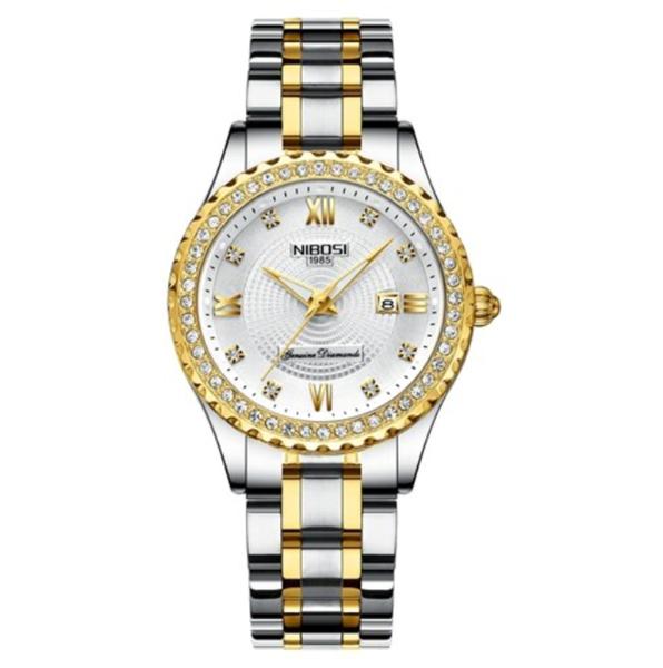 Relogio Nibosi 2315 mulheres prata branco e dourado elegante