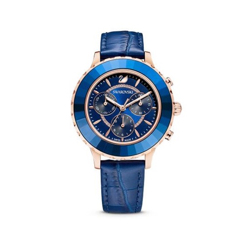 Relógio Octea Lux Chrono, Pulseira de Cabedal, Azul, PVD Rosa Dourado