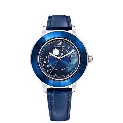 Relógio Octea Lux Moon, Pulseira de Couro, Azul Escuro, Aço Inoxidável