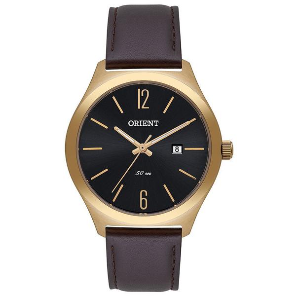 Relogio Orient Masculino Dourado social couro marrom a prova dagua MGSC1009 G2NX