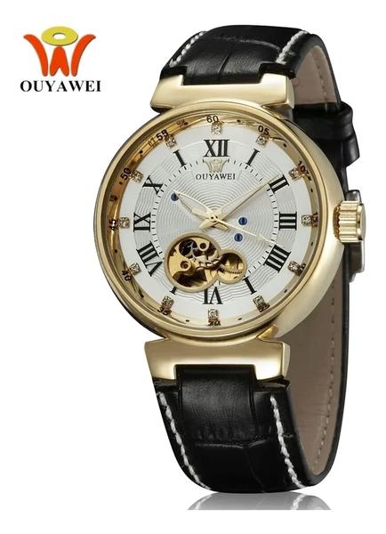 Relógio Ouyawei,automático e a Corda,feminino,modelo G2345, Pulseira Couro,fundo Branco