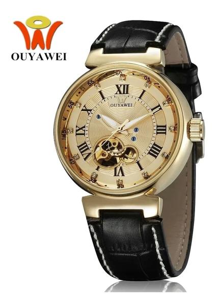 Relógio Ouyawei,automático e a Corda,feminino,modelo G2345, Pulseira Couro,fundo Dourado