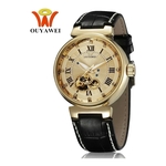 Relógio Ouyawei,automático E A Corda,feminino,pulseira em couro preto,fundo dourado,modelo G2345