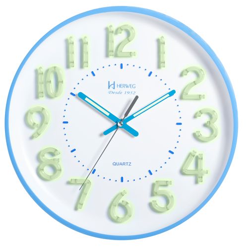 Relógio Parede 34cm Brilha no Escuro Branco Azul Herweg 6477