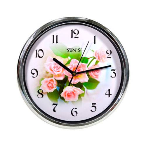 Relógio Parede Analogico Redondo Fundo Flores Decoração 24cm