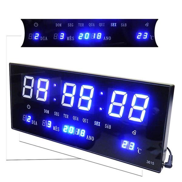 Relogio Parede Digital com Calendario Led Alarme Cor Azul (rel-56) - Braslu