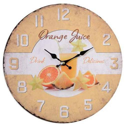 Relógio Parede Mdf Retrô Orange Juice Decora 34cm Vetro 507
