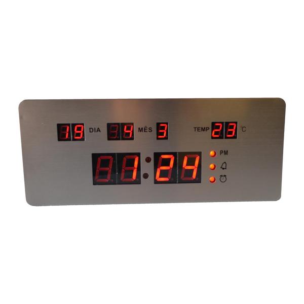 Relógio Parede Mesa Digital Led Termômetro Alarmes Inox 25cm Calendário RD170702 - Unygift