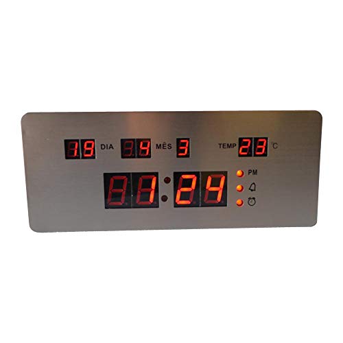 Relógio Parede Mesa Digital Led Termômetro Alarmes Inox 25cm Calendário RD170702