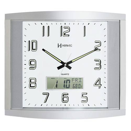Relógio Parede Prata Quadrado Grande Termômetro Herweg 6421