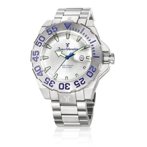 Relógio Pulso Jean Vernier Caixa Aço Masculino 50ATM Moderno Prata+Azul