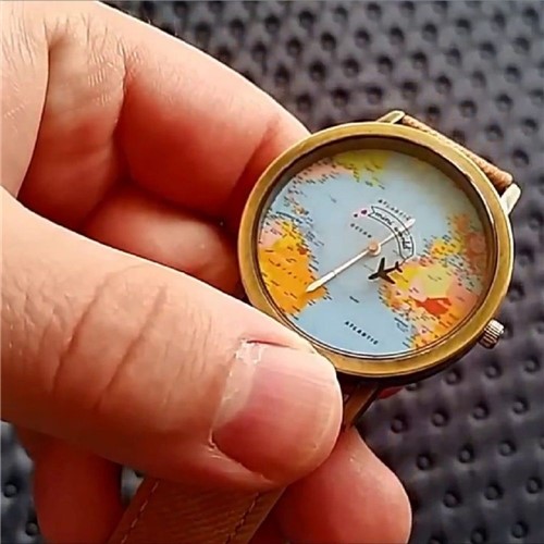 Relógio Pulso Mapa Mundi Viagem Aviãozinho Junqiao Marrom