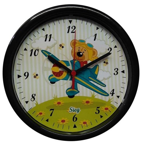 Relógio Redondo Preto Fundo Aviaozinho 24Cm