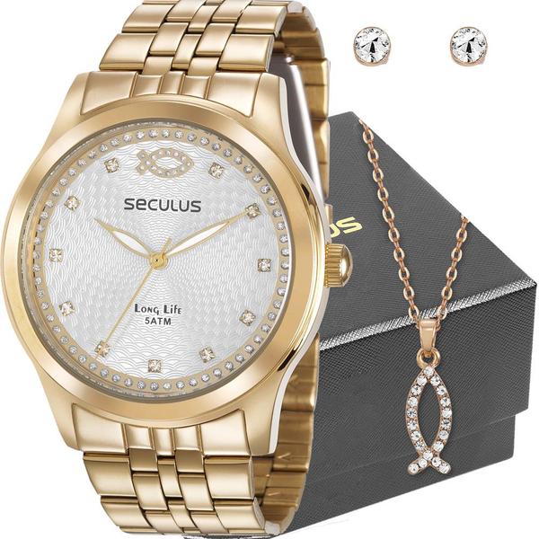 Relógio Seculus Feminino Analógico Dourado Aço 28968LPSKDA1K1 + Colar e Brincos