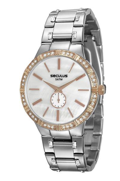 Relógio Seculus Feminino, Caixa em Metal Mista e Pulseira em Aço, MostradorMadrepérola com Cristais 23579LPSVGS2