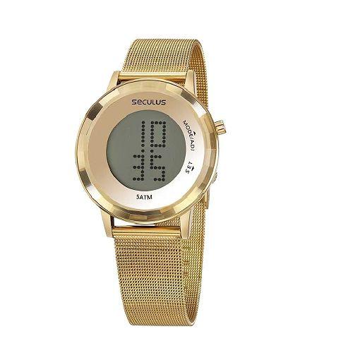 Relógio Seculus Feminino Digital Malha De Aço Dourado 77046lpsvds1