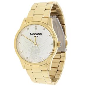 Relógio Seculus Feminino Dourado e Colar Jesus Cristo 22041