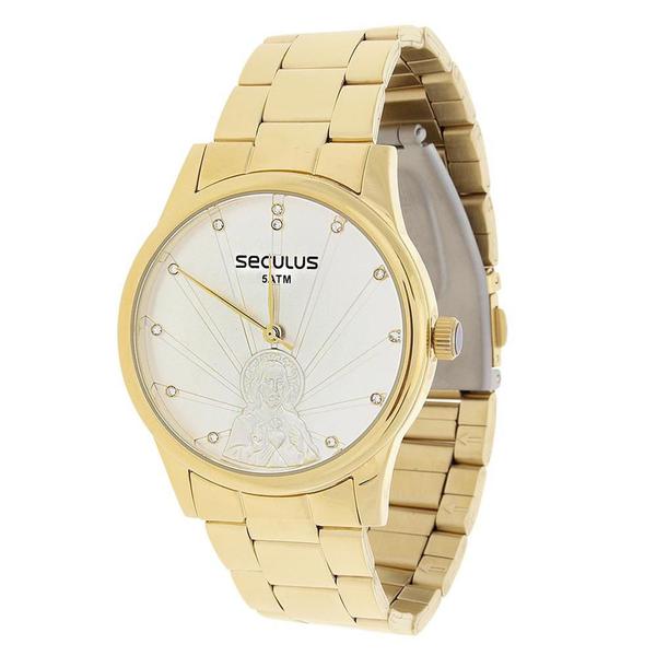 Relógio Seculus Feminino Dourado e Colar Jesus Cristo 22041