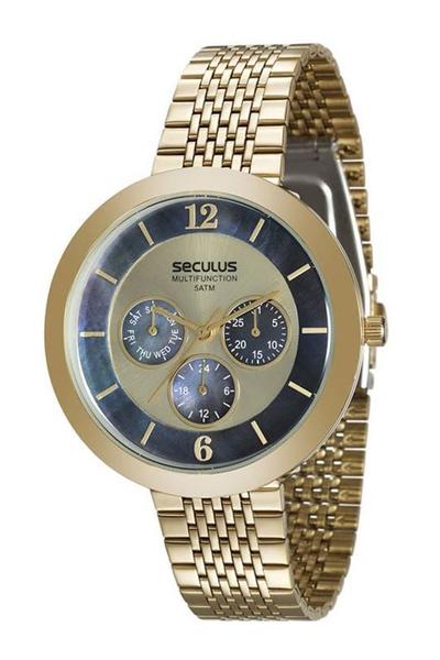 Relógio Seculus Feminino Dourado Fundo Azul 20541lpsvds1