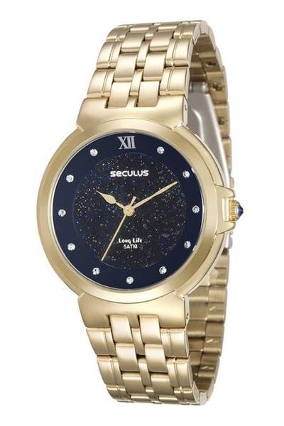 Relógio Seculus Feminino Dourado Fundo Azul 23546lpsvda1