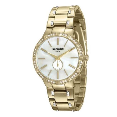 Relógio Seculus Feminino Dourado Fundo Perolado 23579lpsvds1