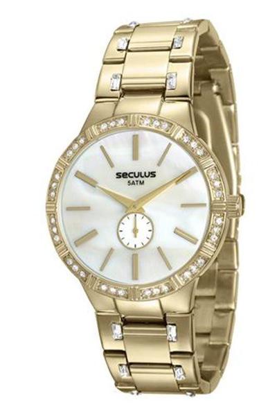 Relógio Seculus Feminino Dourado Fundo Perolado 23579lpsvds1