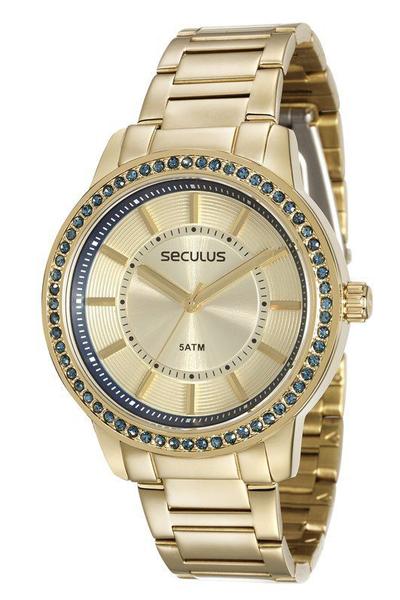 Relógio Seculus Feminino Dourado Pedras Azuis 28766lpsvds2