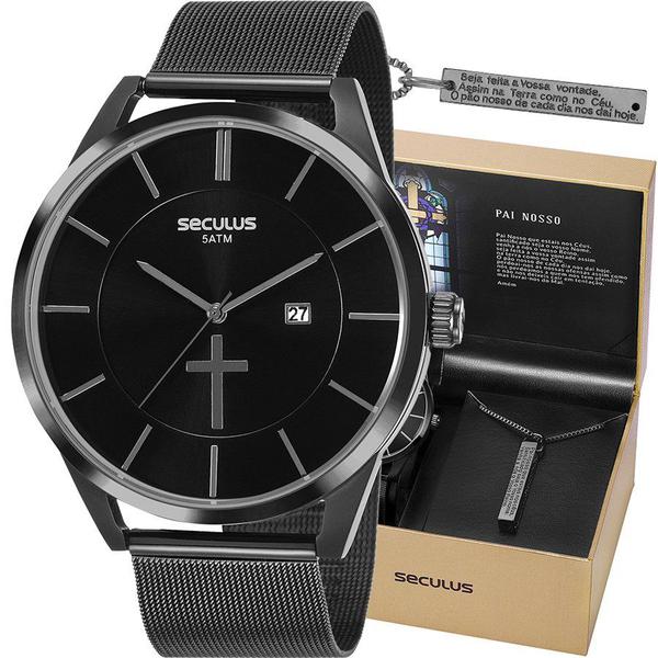 Relógio Seculus Masculino 20769GPSKPA1K1 com um Cordão com Salmo