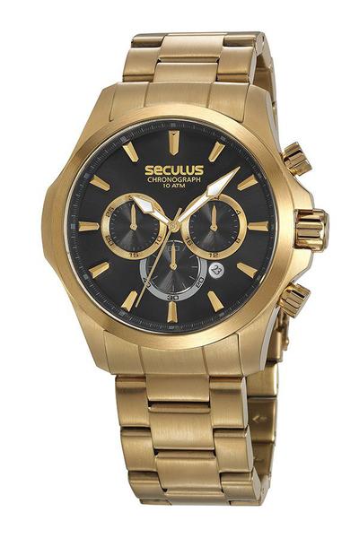 Relógio Seculus Masculino Aço Cronógrafo Visor Preto Dourado