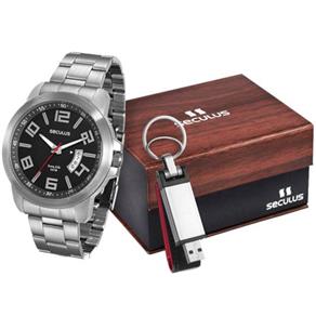 Relógio Seculus Masculino com Kit Chaveiro Pen Drive 28662G0SVNA1K3