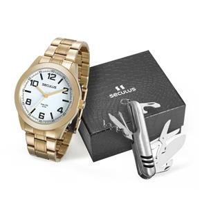 Relógio Seculus Masculino Dourado + Canivete Suíço