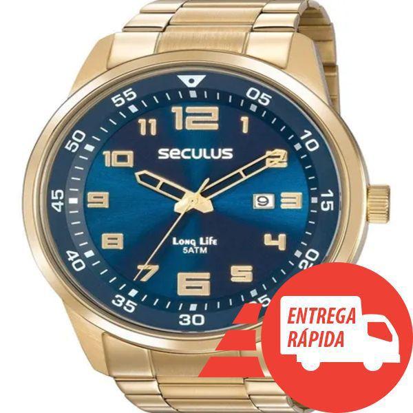 Relógio Seculus Masculino Dourado Grande - Fundo Azul - Prisma