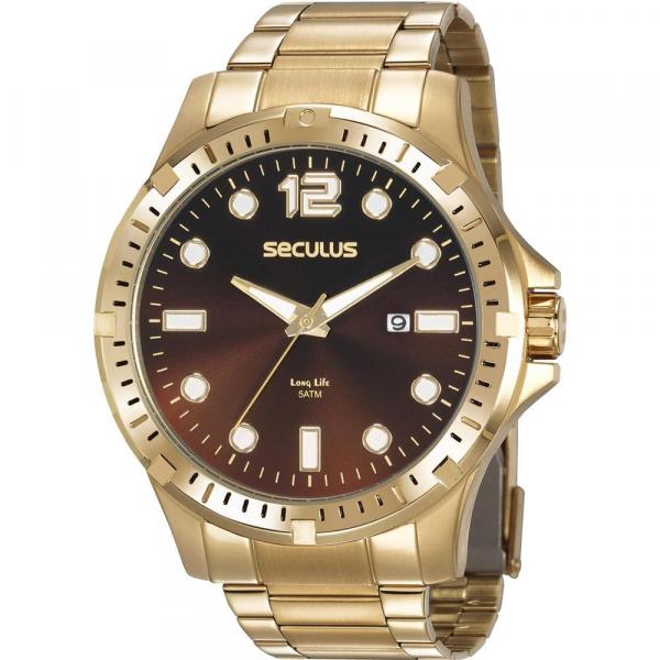 Relógio Seculus Masculino Dourado Long Life 20800GPSVDA2 Analógico 5 Atm Cristal Mineral