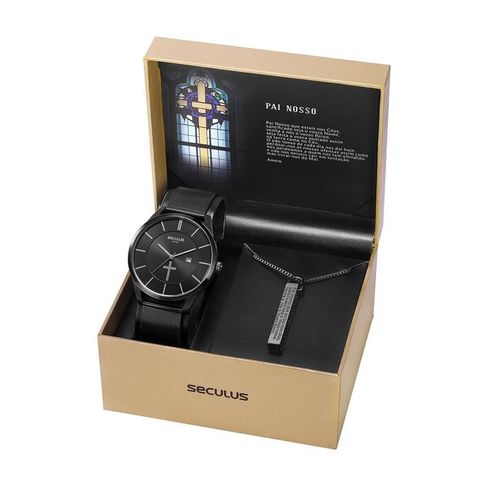 Relógio Seculus Masculino Ref: 20769gpskpa1 Black Oração Pai Nosso