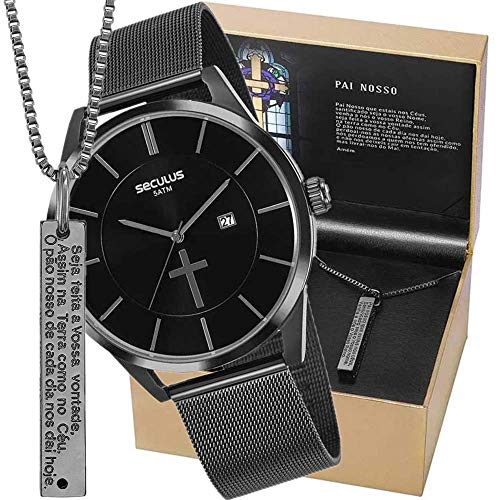 Relógio Seculus Masculino Ref: 20769gpskpa1 Black Oração Pai Nosso