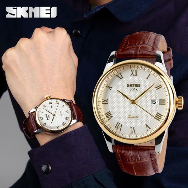 Relógio Skmei Modelo 9058 Masculino de Luxo Pulseira Couro Analógico Original