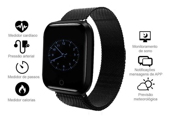 Relógio Smart Watch T80 C/ Duas Pulseiras Batimento Cardíaco PRETO - Haiz