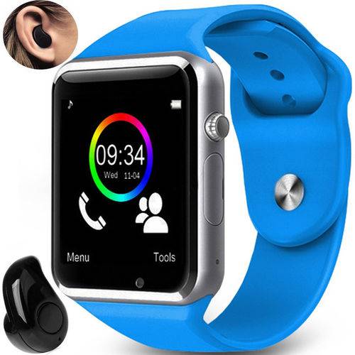 Relógio Smartwatch A1 Inteligente Gear Chip Celular Touch + Mini Fone de Ouvido Bluetooth - Azul