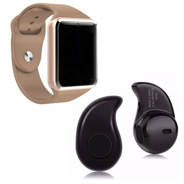 Relógio Smartwatch A1 Inteligente Gear Chip Celular Touch + Mini Fone de Ouvido Bluetooth S530 (DOURADO/MARRON) - a Smart