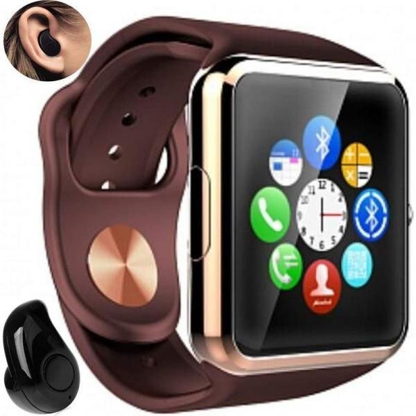 Relógio Smartwatch A1 Inteligente Gear Chip Celular Touch + Mini Fone de Ouvido Bluetooth S530 (DOURADO/MARRON)