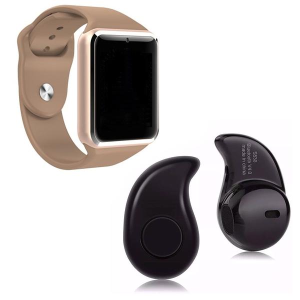 Relógio Smartwatch A1 Inteligente Gear Chip Celular Touch + Mini Fone de Ouvido Bluetooth S530 (DOURADO/MARRON)