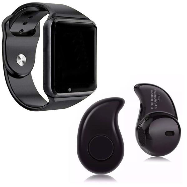 Relógio Smartwatch A1 Inteligente Gear Chip Celular Touch + Mini Fone de Ouvido Bluetooth S530 (PRETO) - a Smart