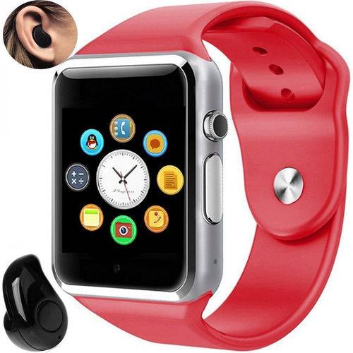 Relógio Smartwatch A1 Inteligente Gear Chip Celular Touch + Mini Fone de Ouvido Bluetooth - Vermelho