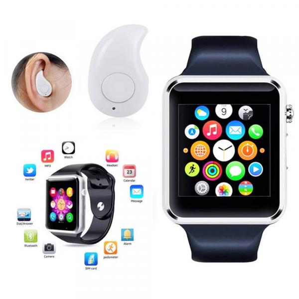 Relógio Smartwatch A1 Inteligente Gear Chip Celular Touch Prata+Mini Fone de Ouvido Bluetooth Branco - Ke